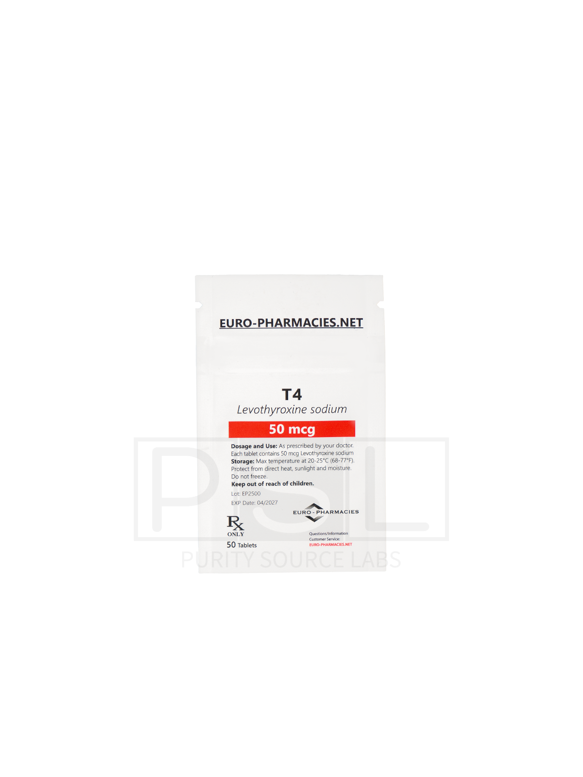 T4 - 50mcg/tab, 50 pills/bag - Euro-Pharmacies