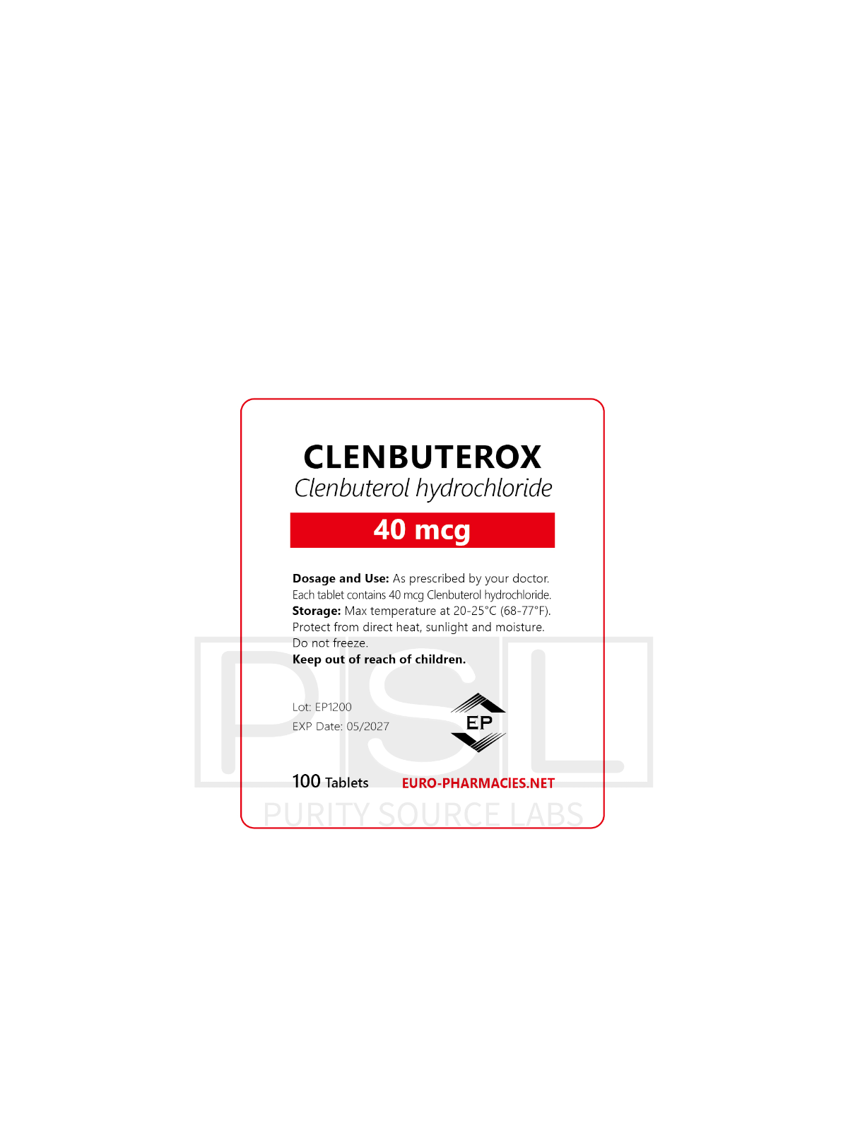Clenbuterox (Clenbuterol) - 40mcg/tab, 100 pills/bag - Euro-Pharmacies - USA