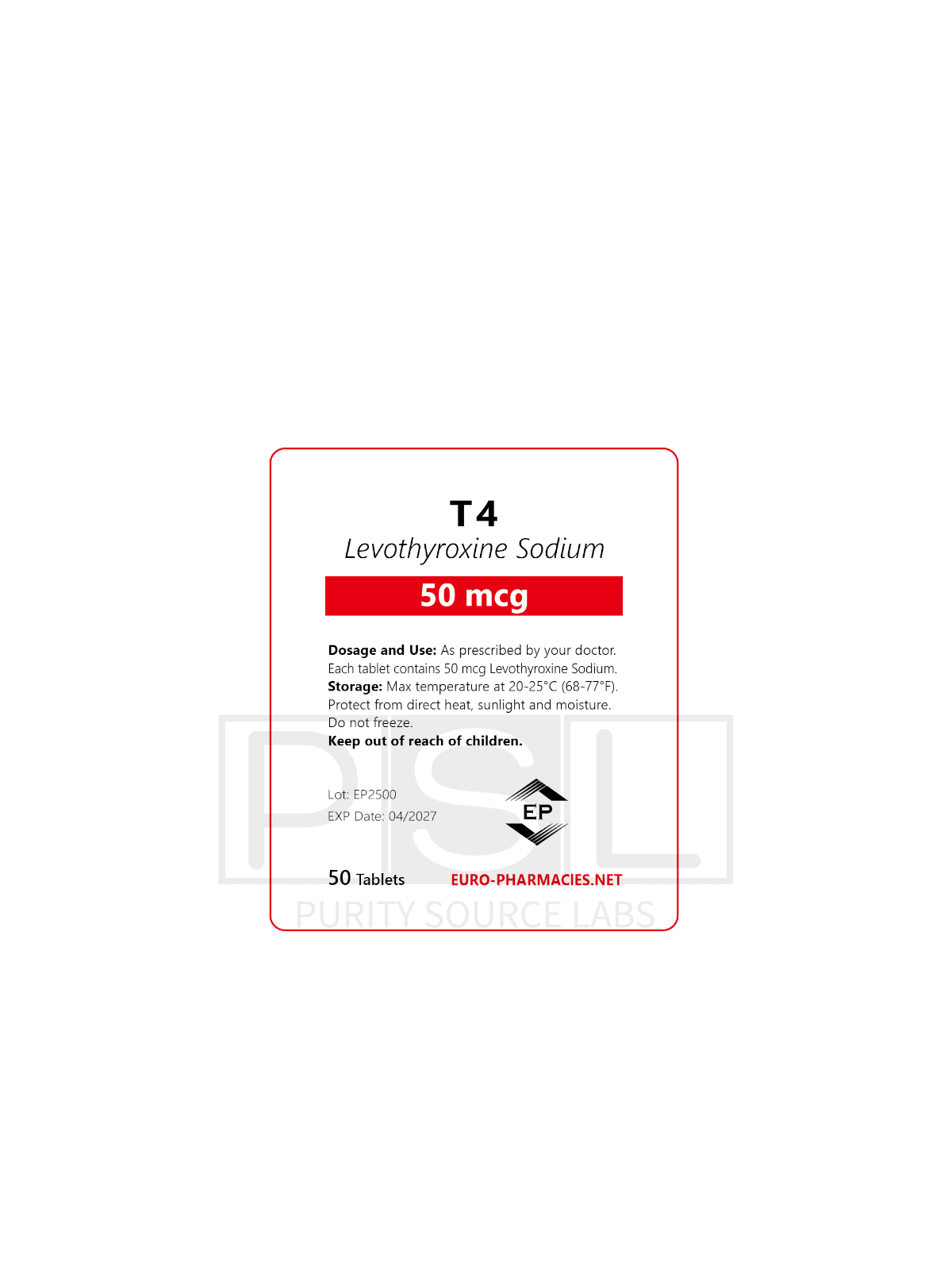 T4 - 50mcg/tab, 50 pills/bag - Euro-Pharmacies - USA